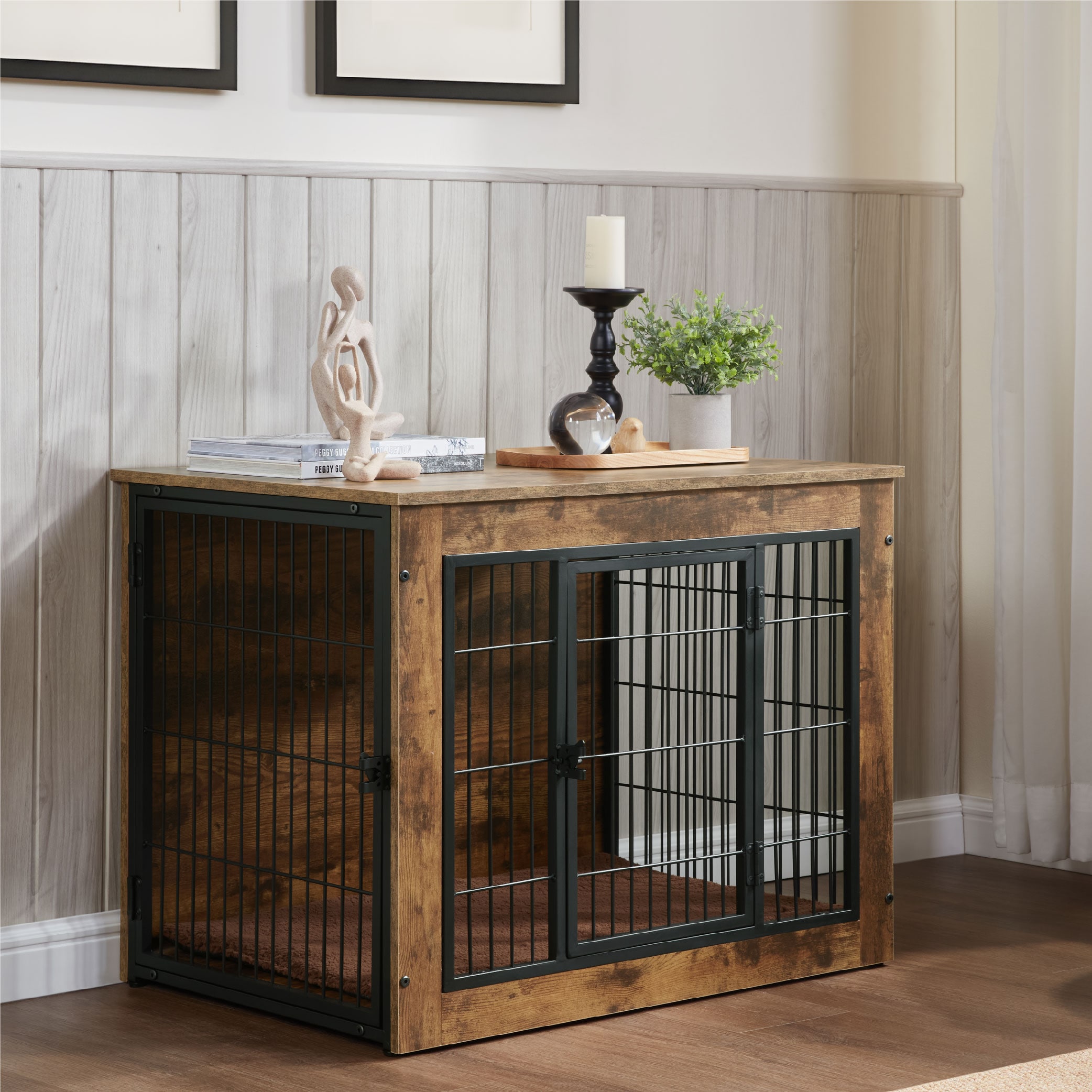 Dog Crate Furniture With Cushion, Wooden Dog Kennel Furniture, Heavy Duty Dog Cage, 40" Dog Kennel With Double Doors, Dog Crates For Large Dogs, Rustic Brown, L_voghion.com